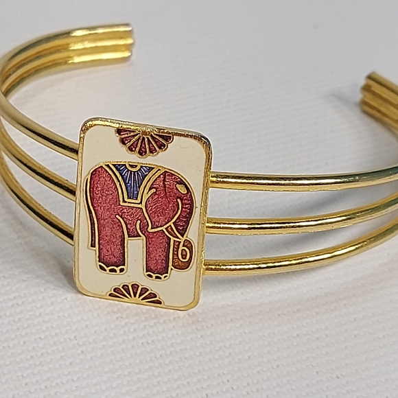 Enamel Elephant Triple Wire Gold Tone Open Cuff Bracelet - Picture 2 of 7